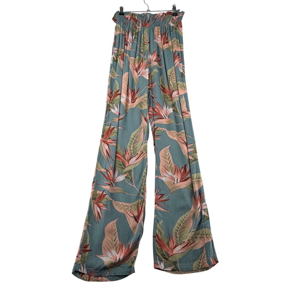 World Market Tropical Floral Wide Leg Pants Womens S/M Teal Bird of Paradise